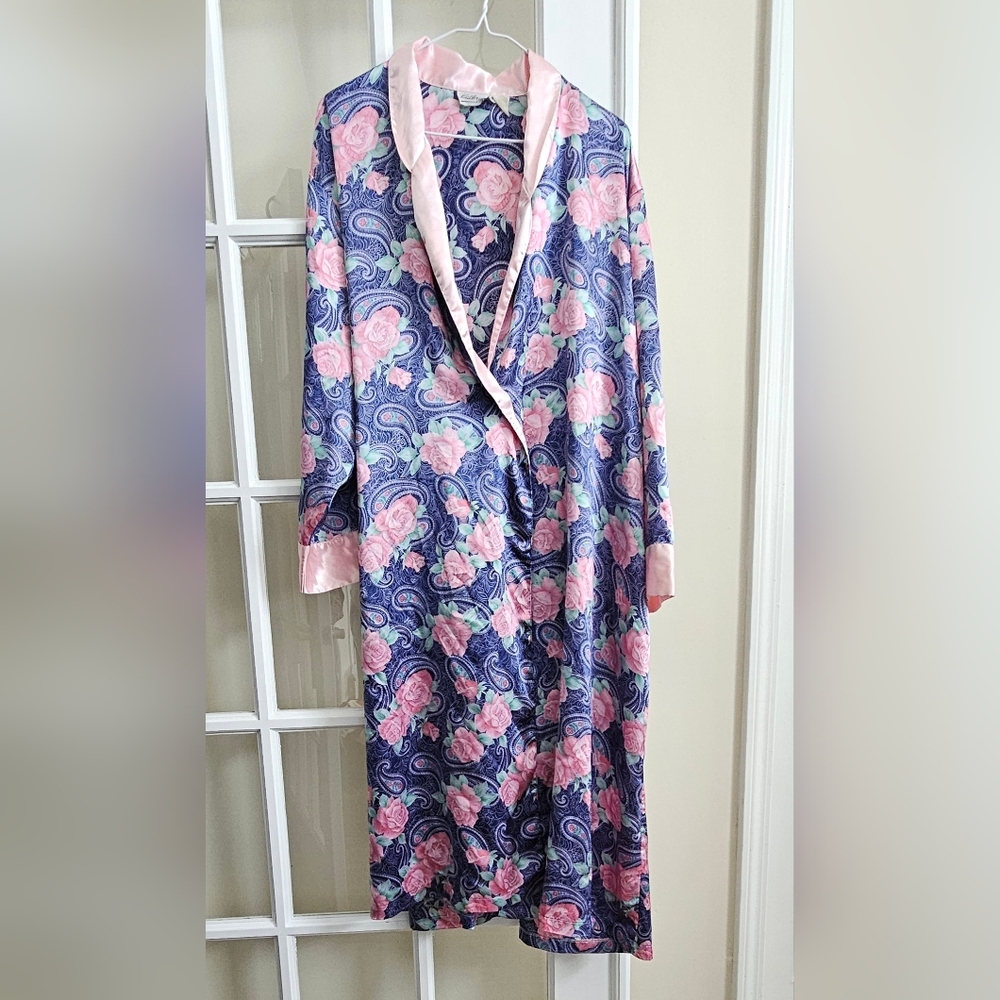Vtg Kathryn Robe Floral Kaftan Cuddleskin Silky Satiny Lingerie L XL